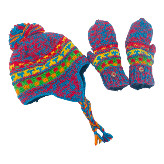Karma Nepal Crafts - Wholesale Winter Accessory Set - Kids - Hand Knit Winter Kids Hat with Gloves1