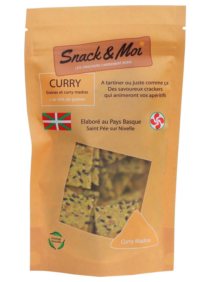 Bolachas Bio com Caril Madras em bolsa 100 grs por atacado de Snack & Moi