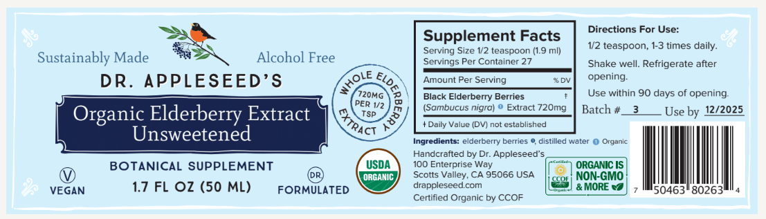 Dr. Appleseed's Organic Elderberry Botanical Supplements – wholesale Oral supplement/vitamin – Organic Elderberry Extract Unsweetened - 2.0 FL OZ3