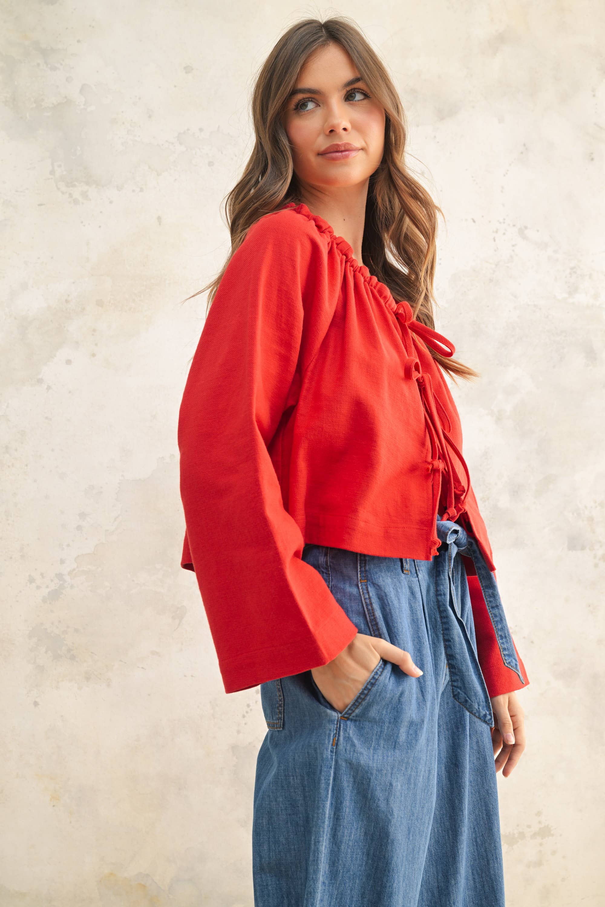 MIOU MUSE – Großhandel Strickjacke – Damen – Leinenmischung Cardigan mit Bindeband vorne15