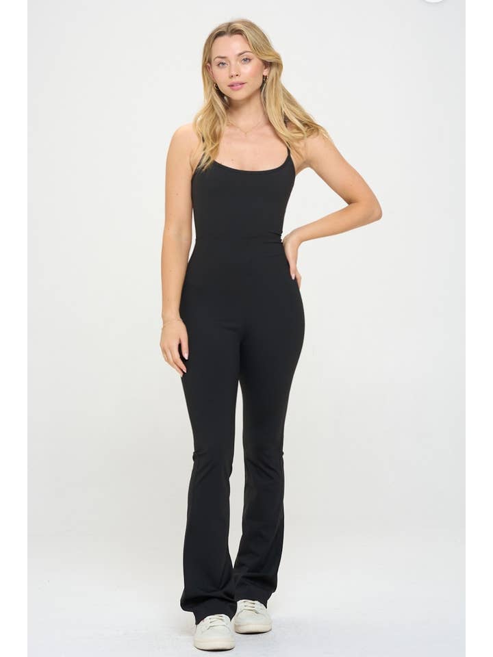 Color 5 - Wholesale Activewear Set - Women's - Solid black color premium active wear straps flare jumpsuit