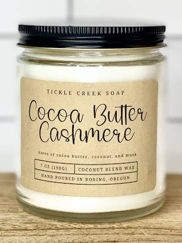 Vela de albaricoque Cocoa Cashmere en tarro de vidrio transparente de 7 onzas para venta al por mayor de Tickle Creek Soap