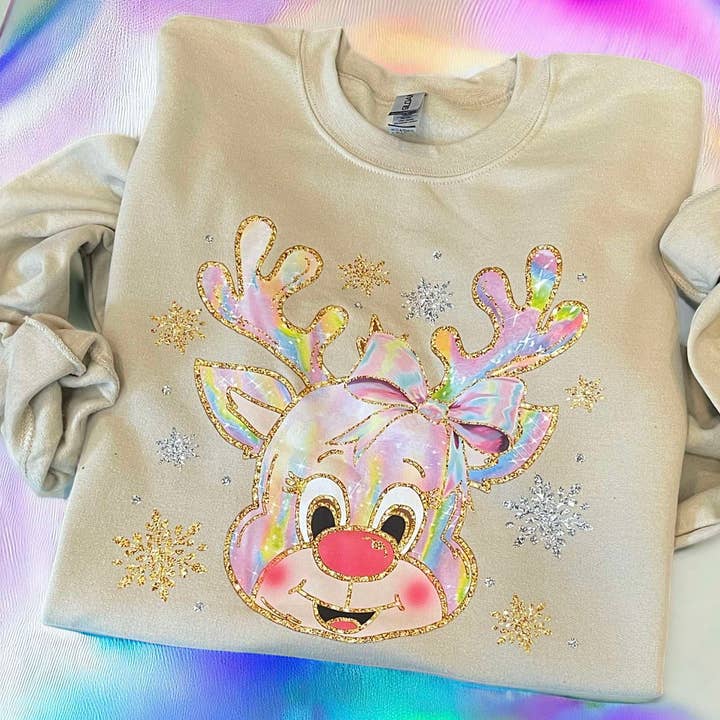 Lasting Impressions CT - Wholesale Sweatshirt - Unisex - Holographic Rudolf Reindeer Unisex Sweatshirt - Sand