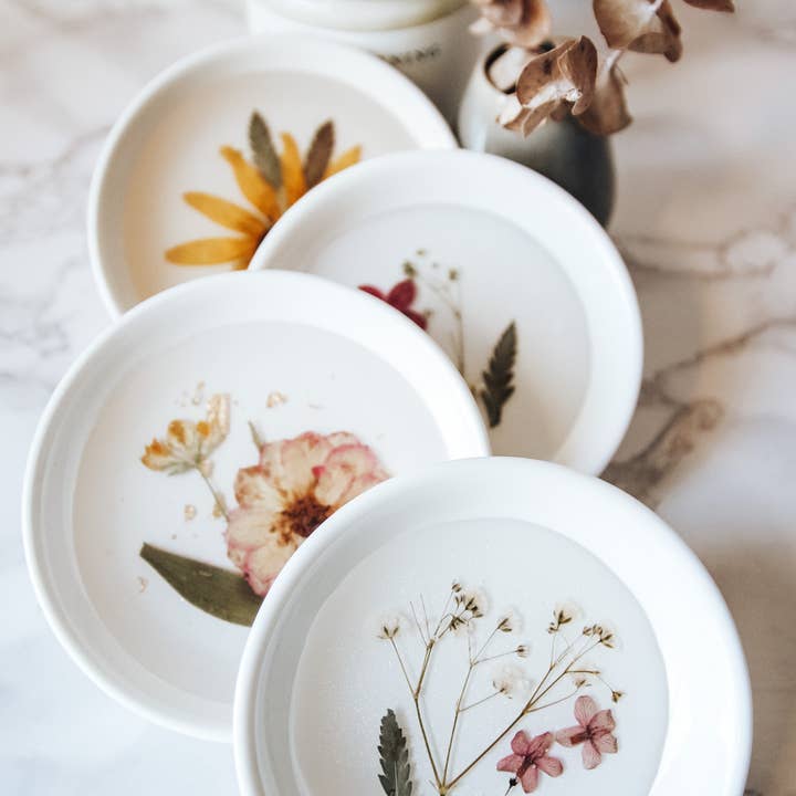 West Creek Mercantile - Wholesale Jewelry Dish - Pressed Flower & Botanical Ceramic Trinket Dish (Assorted)