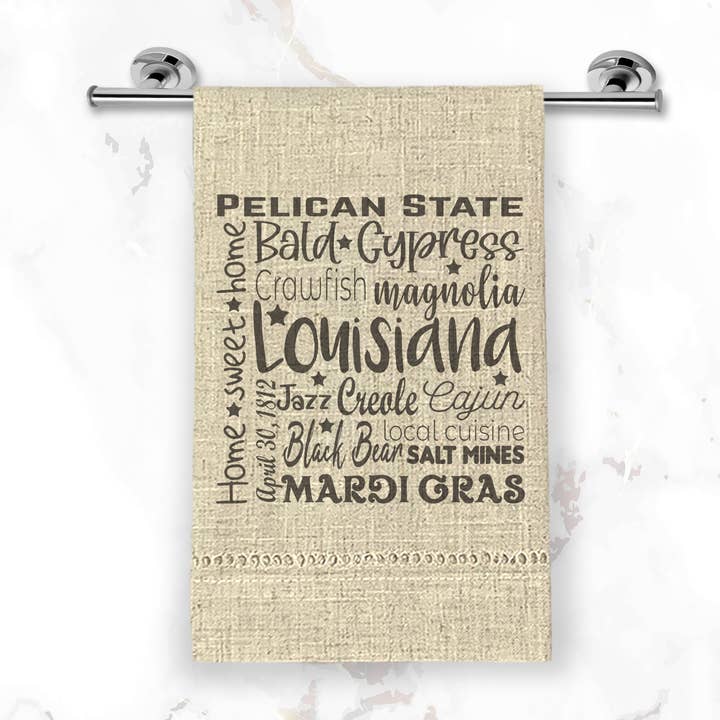 LA Word Art Tea Towel, Louisiana for wholesale by Sew Many Blessings LA