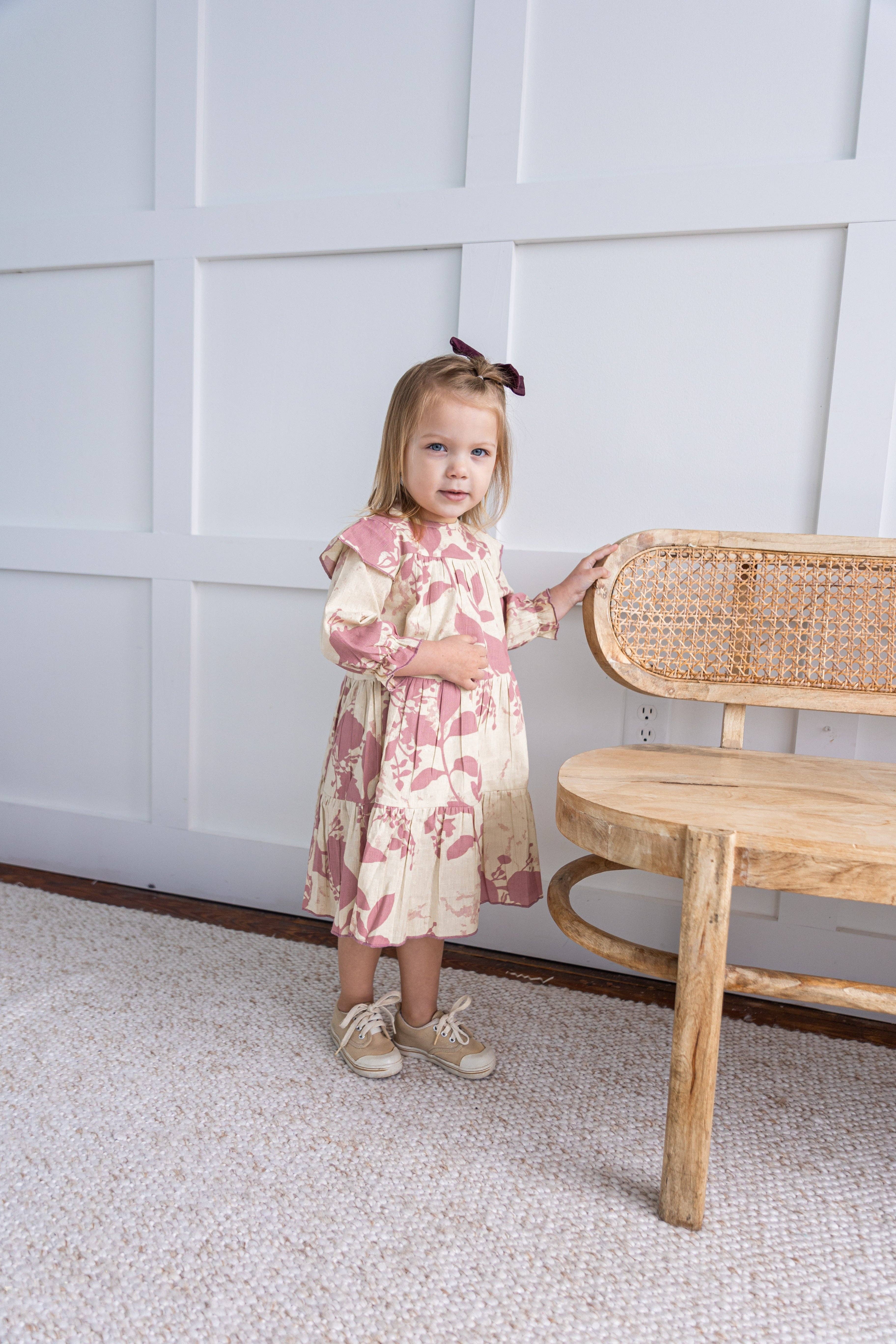 Yo Baby - Wholesale Dress - Kids - Dark Pink Leaf Printed Tiered Long Sleeve Dress4