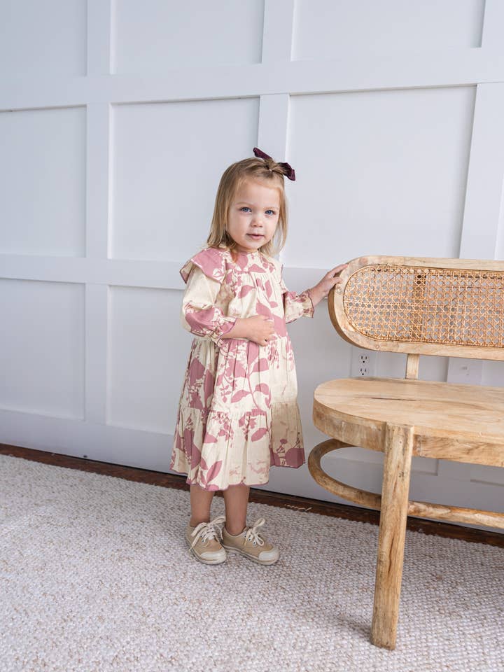 Yo Baby - Wholesale Dress - Kids - Dark Pink Leaf Printed Tiered Long Sleeve Dress4