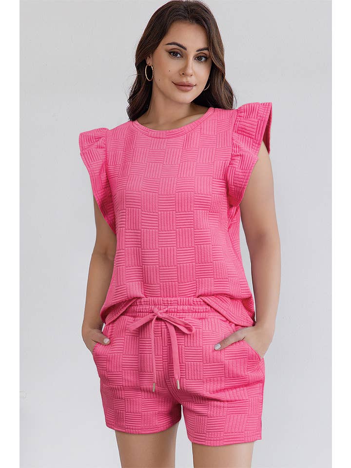 LA Society - Wholesale Lounge Set - Women's - Textured Ruffled Sleeve Tee and Drawstring Shorts Set