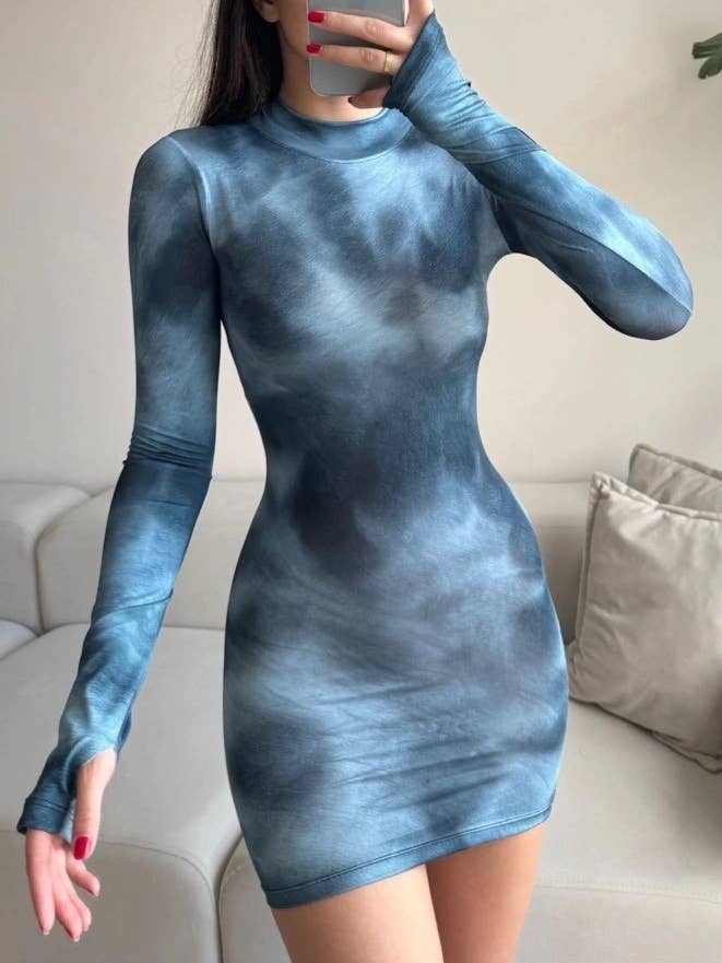 Half-Neck Tie-Dye Print Long-Sleeved Hip-Hugging Dress for wholesale by HIDDENBRAND