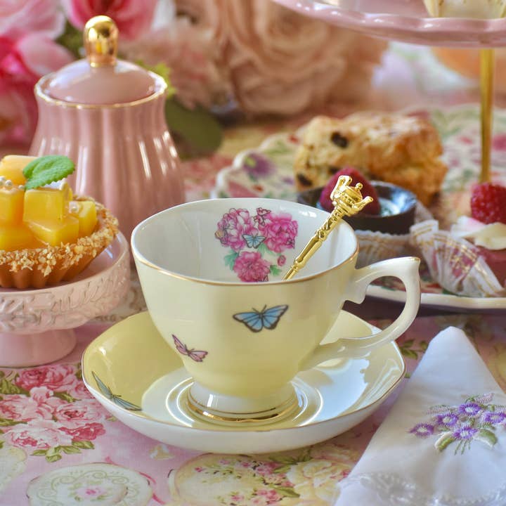 Yellow Peonies Flowers Posy Butterflies Teacup and Sauce for wholesale by All Little Cute Things