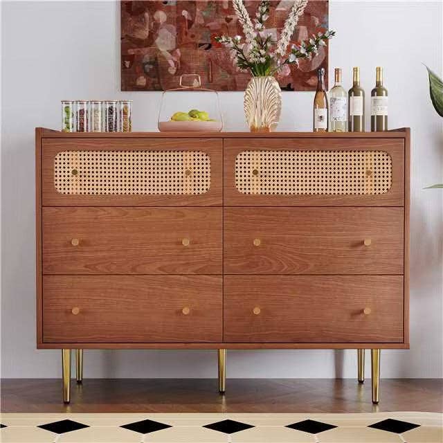 Urban Meuble - Wholesale Cabinet - Vintage sideboard with 6 rattan drawers, golden handles and legs, 120*90*40cm DELMO22
