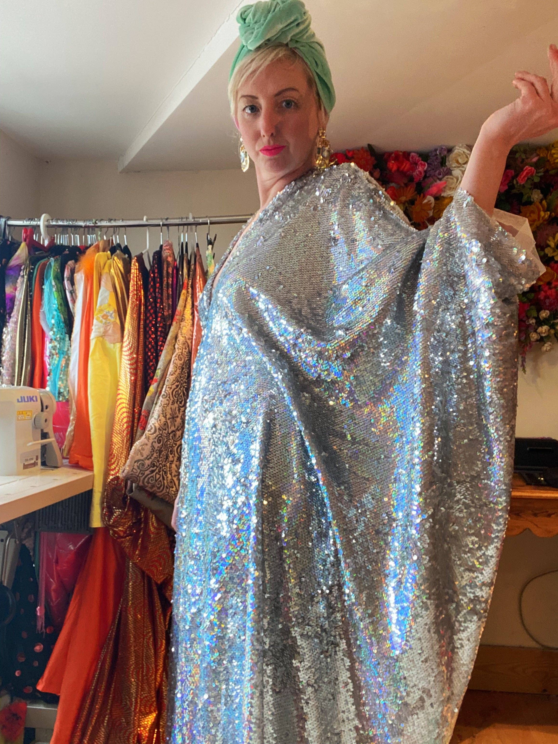 Fumbalinas – wholesale Kaftan – Women's – Silver Metallic Holographic/  Sequin Kaftan Gown / Dress29