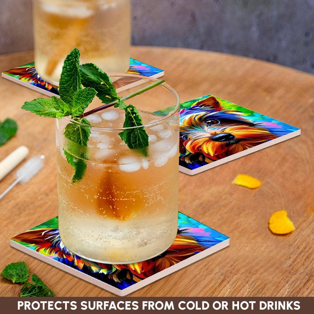 3dRose - Wholesale Coasters - 3dRose, Dazzling Yorkshire Terrier dog portrait on green. Digital art gift, Coaster2