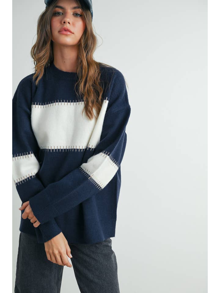 NAVY IVORY Color Block Striped Crew Neck Sweater - BMW7501 for wholesale on Faire9