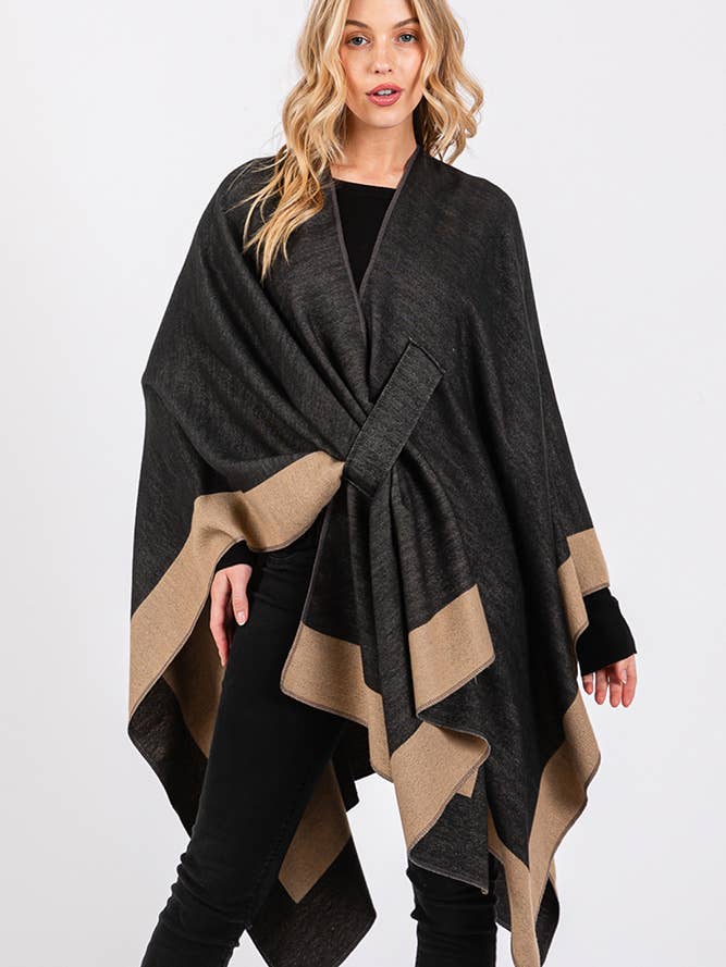 Hana - Wholesale Cardigan - Women's - Two Tone Pull Through Shawl Ruana Winter Cardigan14