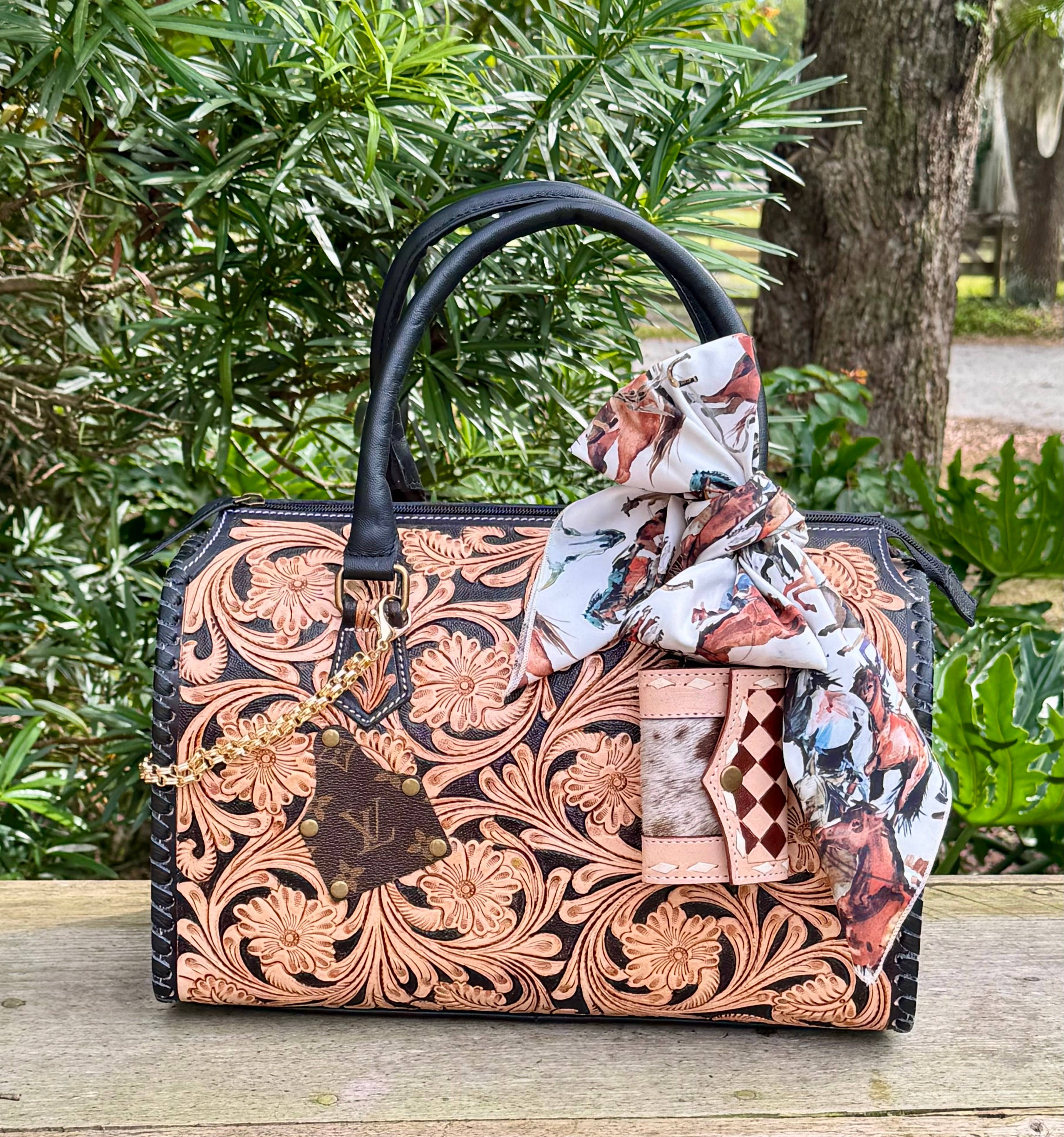 Southern Junkie Gypsy Boutique - Wholesale Crossbody Bag - Women's - Upcycled LV Tooled Leather Speedy Bag Western Crossbody 1