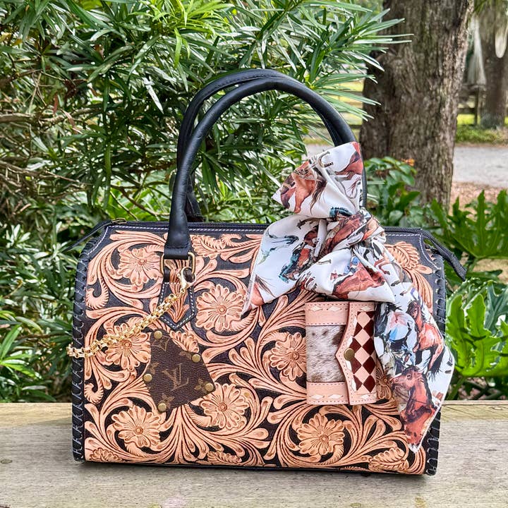 Southern Junkie Gypsy Boutique - Wholesale Crossbody Bag - Women's - Upcycled LV Tooled Leather Speedy Bag Western Crossbody 1