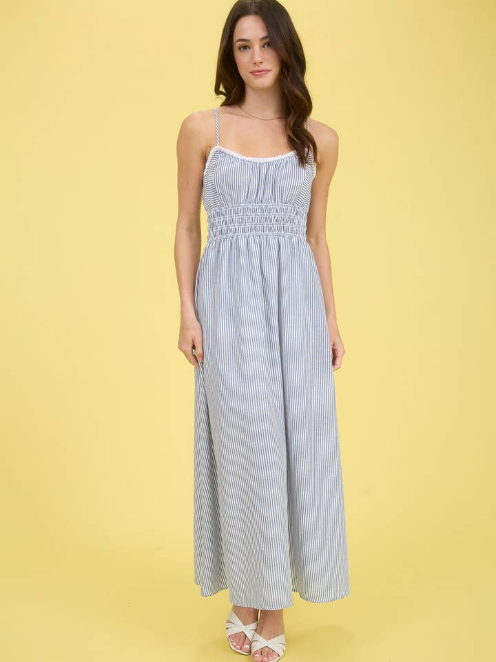 Blu Pepper - Wholesale Dress - Women's - STRIPE LACE TRIM SPAGHETTI STRAP MIDI DRESS