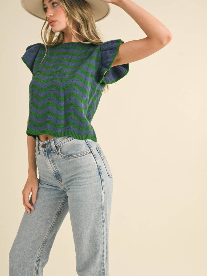 &MERCI - Wholesale Knit Sweater - Women's - WAVY STRIPES FLUTTER SLEEVE SWEATER TOP MSW1050990