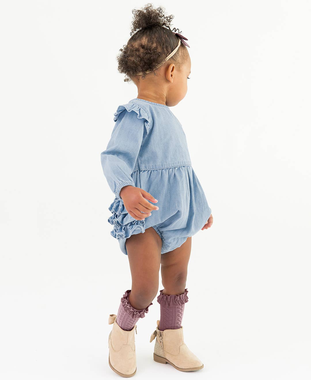 Blue Baby Girls Light Wash Denim Long Sleeve Flutter Bubble Romper for wholesale on Faire2
