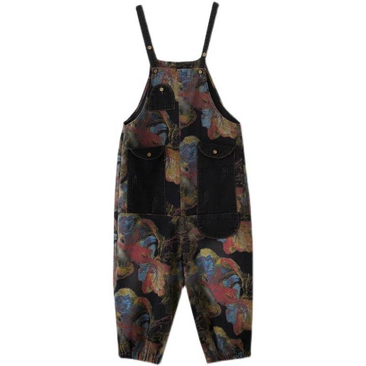 Plush Looks - Wholesale Overalls - Women's - Loose Floral Printed Denim Capri Overalls3