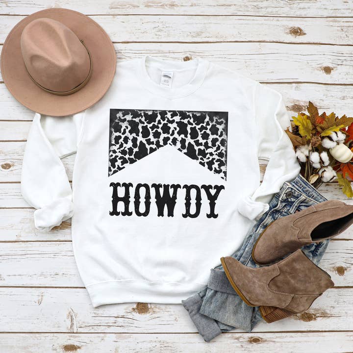Howdy-Sweatshirt mit Rundhalsausschnitt und Kuhmuster für den Großhandel von Untamed Country