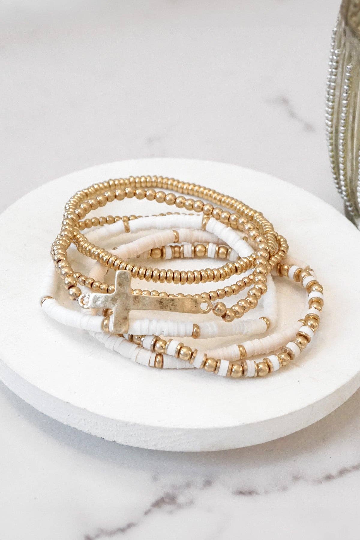 PennyLine inc - Wholesale Beaded Bracelet - Minimal Sideways Cross Bracelet stack Clay and gold metal beads2