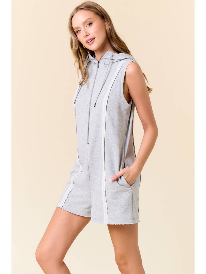 Doe and Rae - Wholesale Romper - Women's - French Terry Zip-Front Sleeveless Hooded Romper - 28002R2