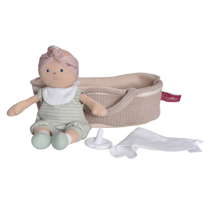 Tikiri Toys LLC - Wholesale Doll - Kids - Knitted Carry Cot w/Remi Baby Light Skin, Soother & Blanket
