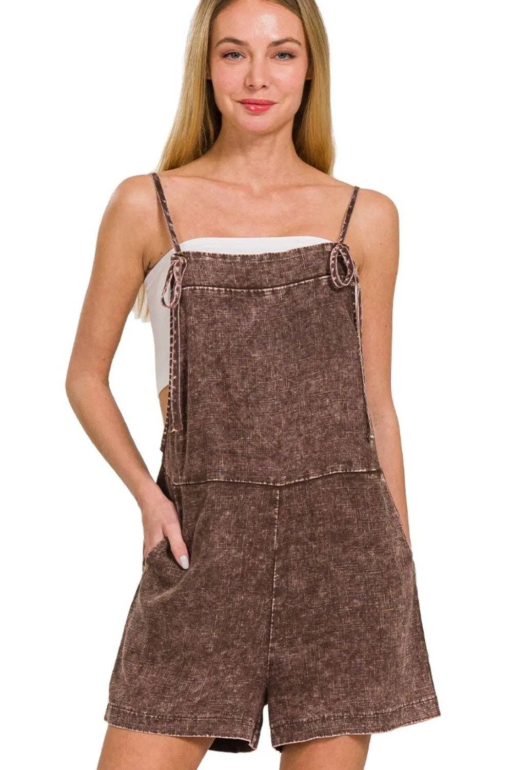 BROWN Zenana Washed Linen Knot Strap Rompers for wholesale on Faire0