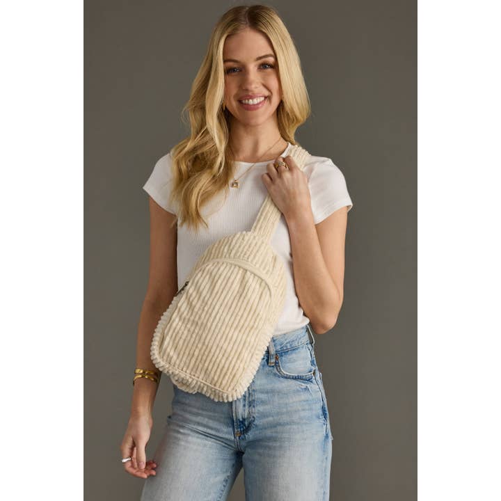 Panache Apparel Co. - Vente Sac à bandoulière – femme - Sac bandoulière en velours côtelé crème1