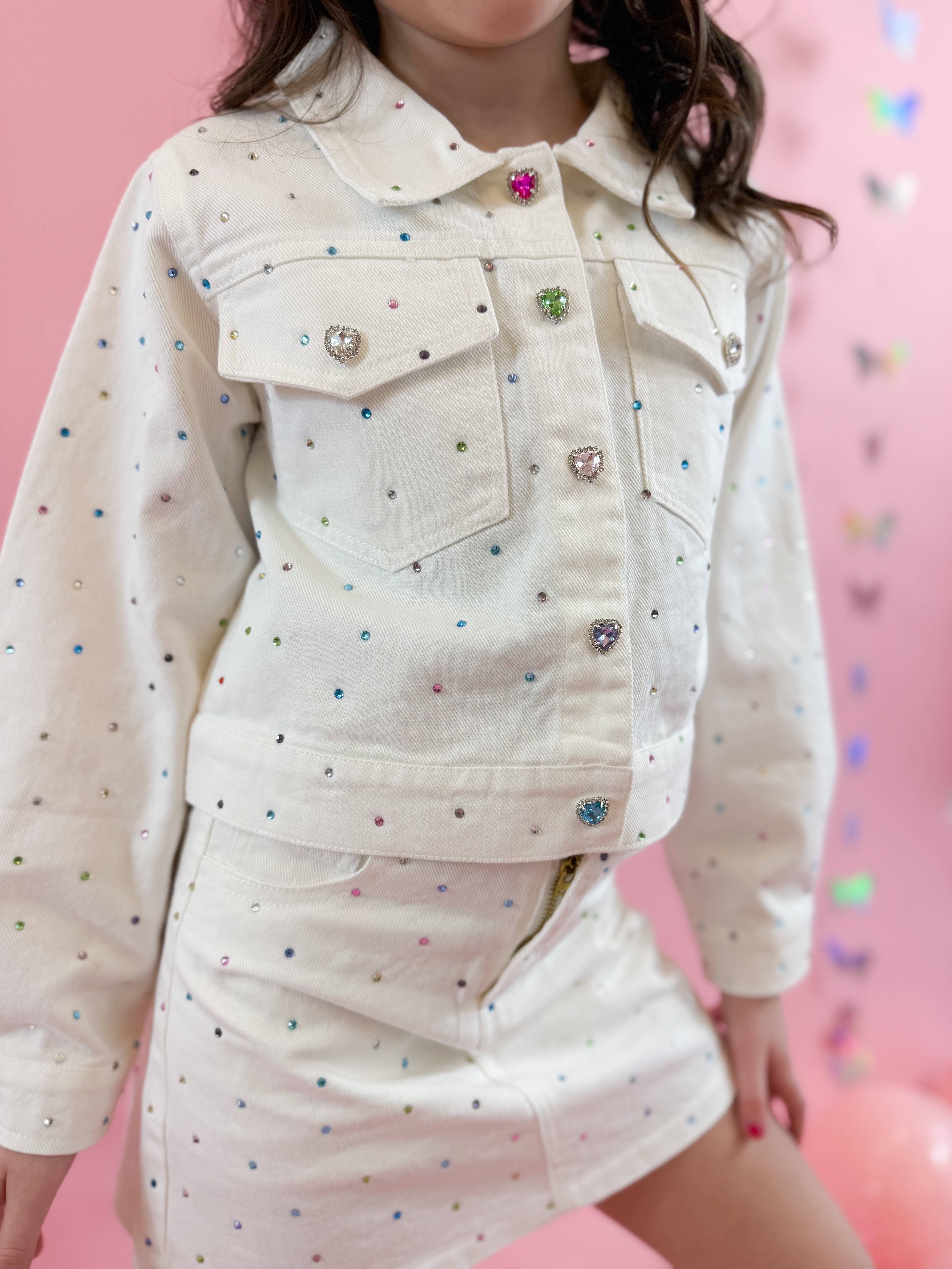 Ellie and Mila - Vente Ensemble haut et jupe – enfant - Ensemble Gemmes en Denim Blanc - Veste et Jupe tendance5