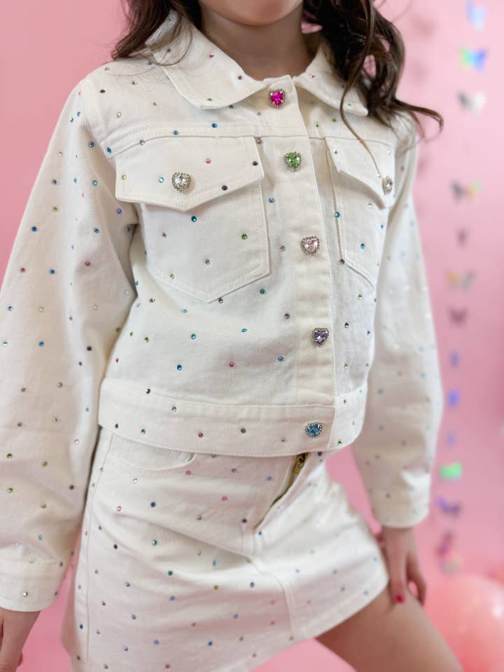 Ellie and Mila - Vente Ensemble haut et jupe – enfant - Ensemble Gemmes en Denim Blanc - Veste et Jupe tendance5