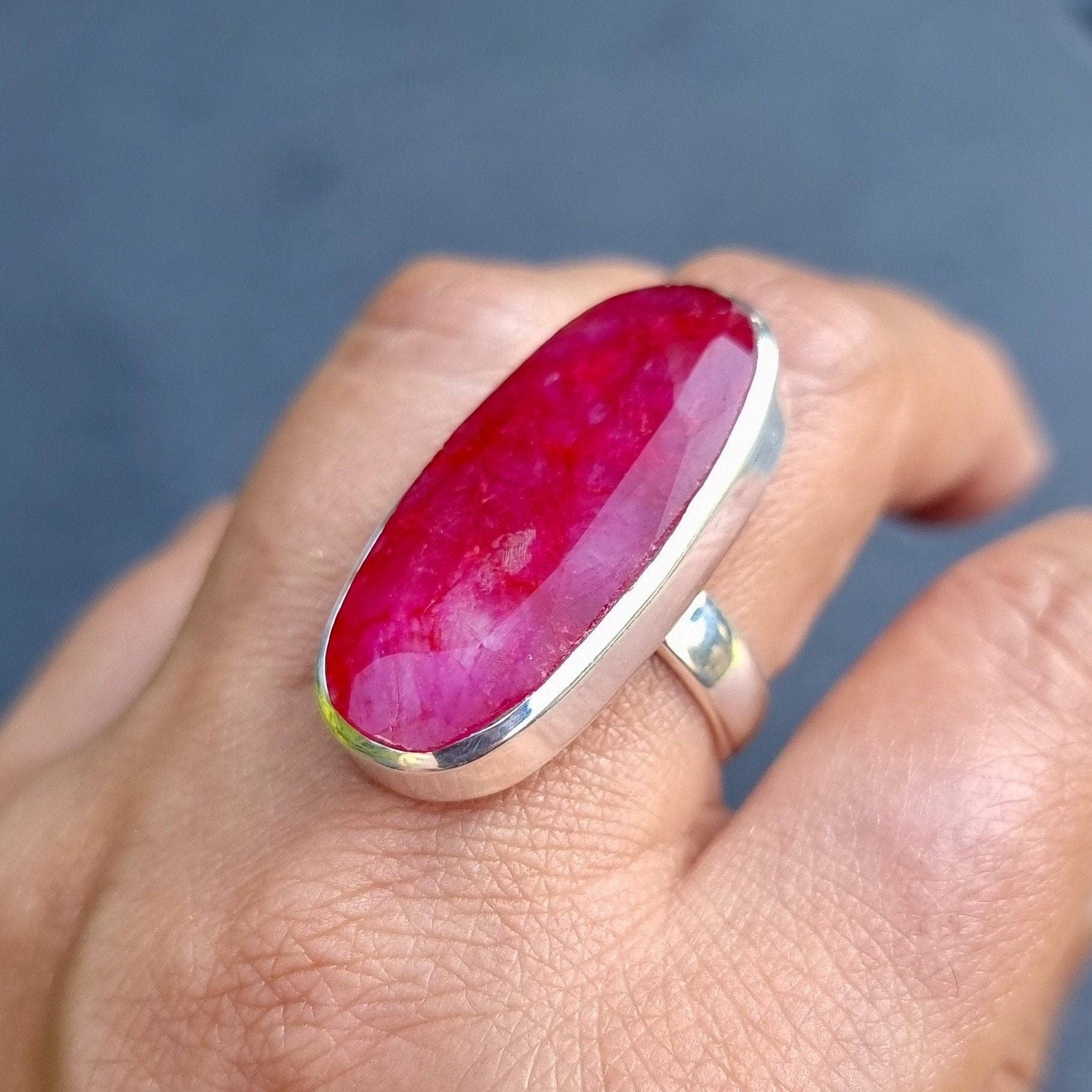 Mistry Gems – wholesale Cocktail/statement ring – Adjustable Long Oval Ruby Ring | 925 Sterling Silver, R2343