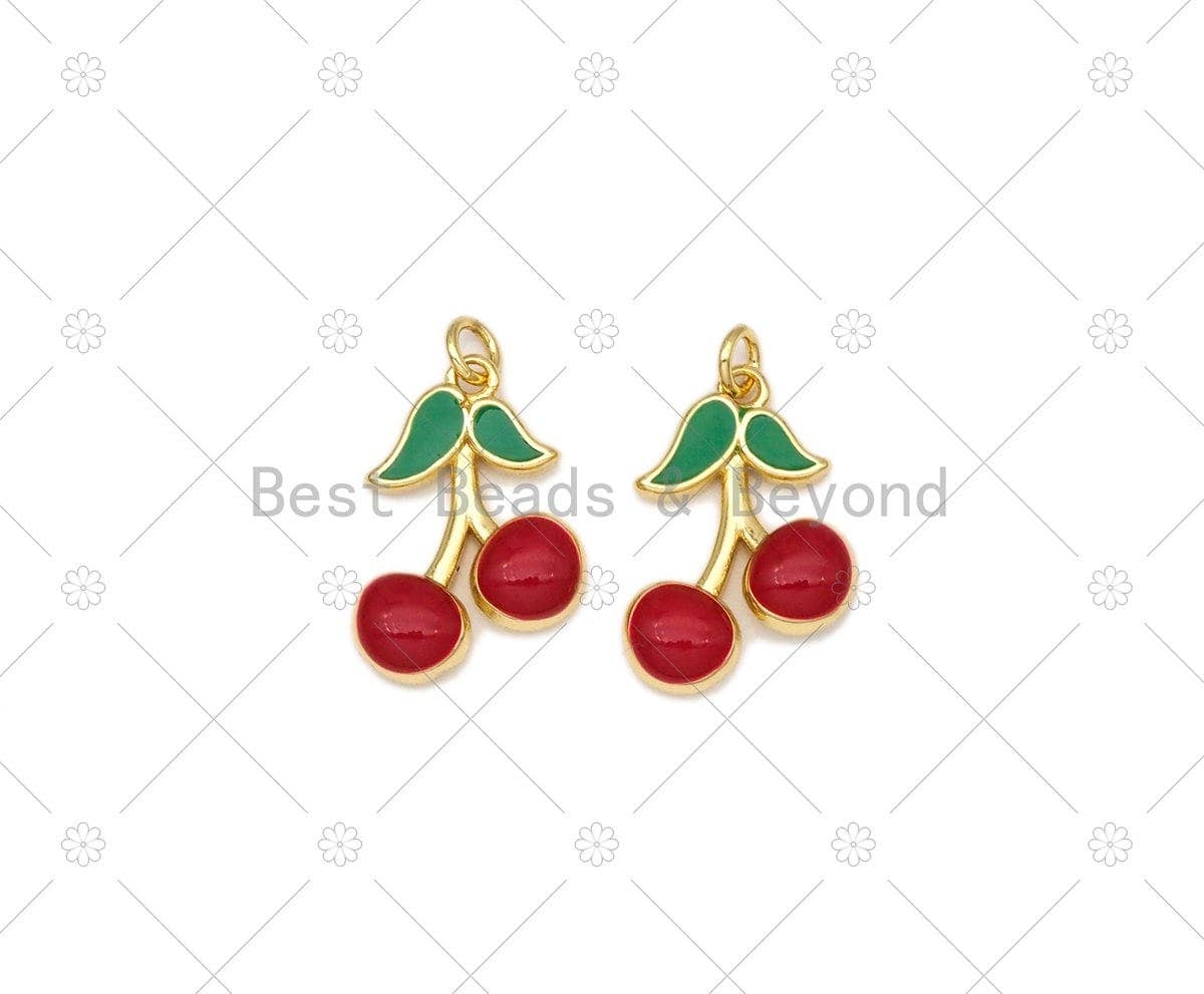 BestBeads&Beyond - Wholesale Individual Charm/Pendant - Enamel Red Cherry Shape with Green Leaf Pendant, 18K Gold Fi