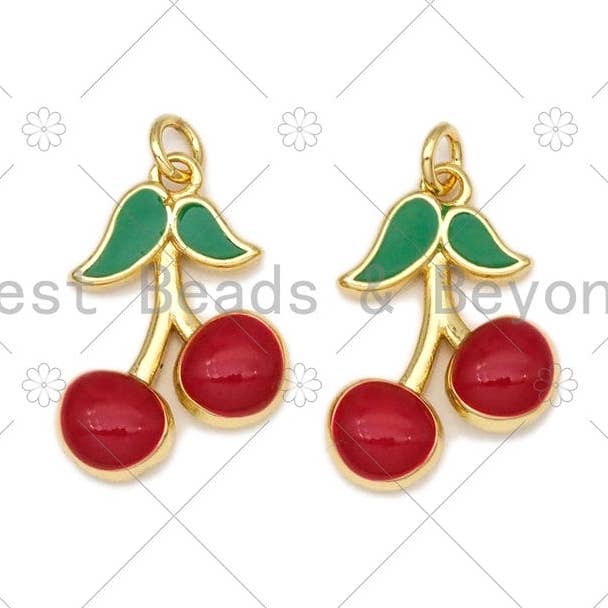 BestBeads&Beyond - Wholesale Individual Charm/Pendant - Enamel Red Cherry Shape with Green Leaf Pendant, 18K Gold Fi0