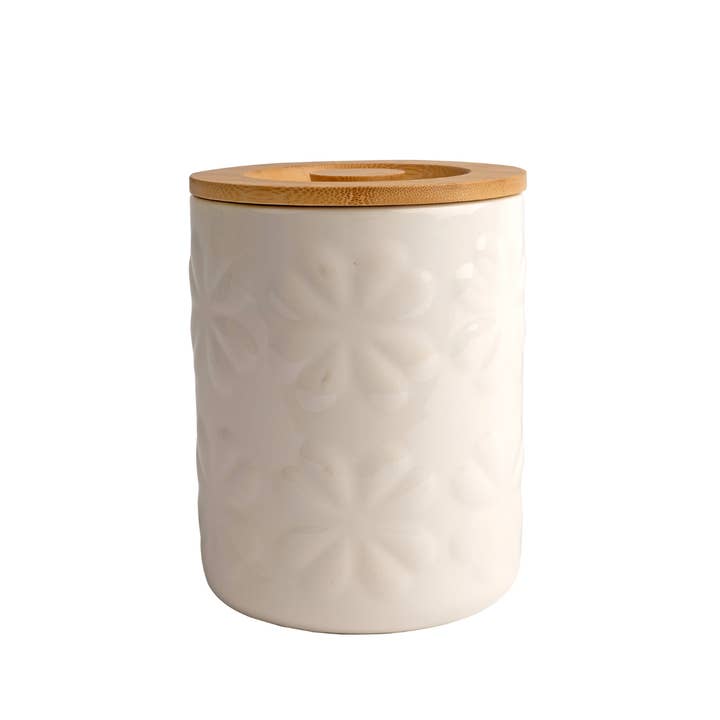 Carnaby Large Porcelain Embossed Jar Ivory with Bamboo Lid for wholesale by Navigate Ltd