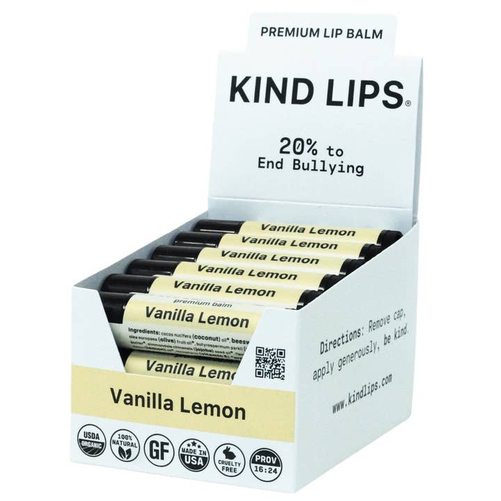 Organic Lip Balm, Vanilla Lemon, Kind Lips, 12 Tube Display for wholesale by Kind Lips