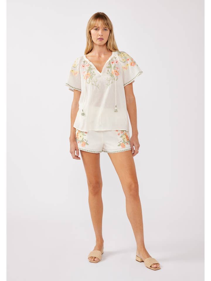 Cream Coral Floral Embroidery Split Neck Short Sleeve Top for wholesale on Faire