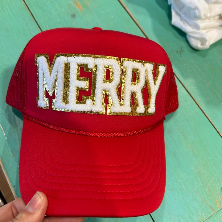 Vibes Hat Company - Wholesale Trucker Hat - Women's - White Chenille Merry Trucker | Christmas Cap| Holiday| Santa0