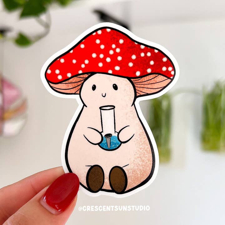Pegatina de pipa de agua de hongo fumeta, pegatina 420 para venta al por mayor de Crescent Sun Studio