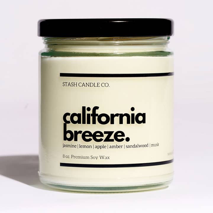 California Breeze Candle, 8oz. Lemon Jasmine Sandalwood for wholesale by Stash Candle Co.