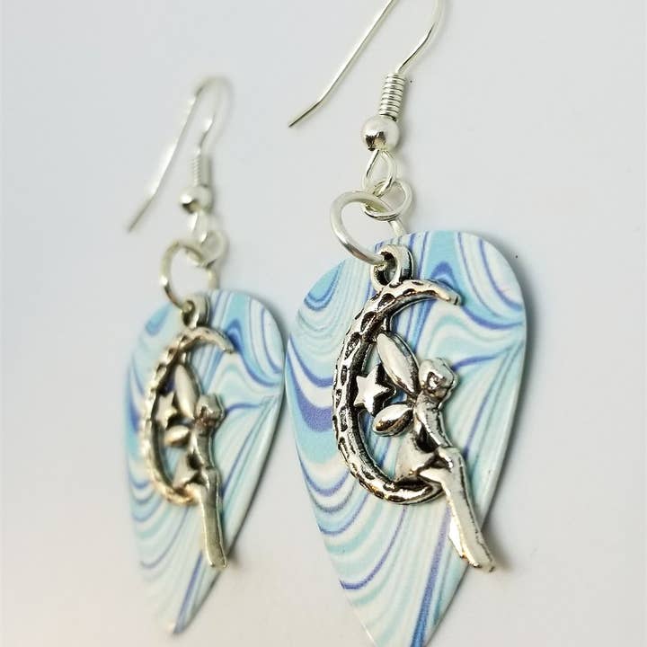 Simply Raevyn - Wholesale Dangle Earrings - Fairy on the Half Moon Charm Guitar Pick Earrings33