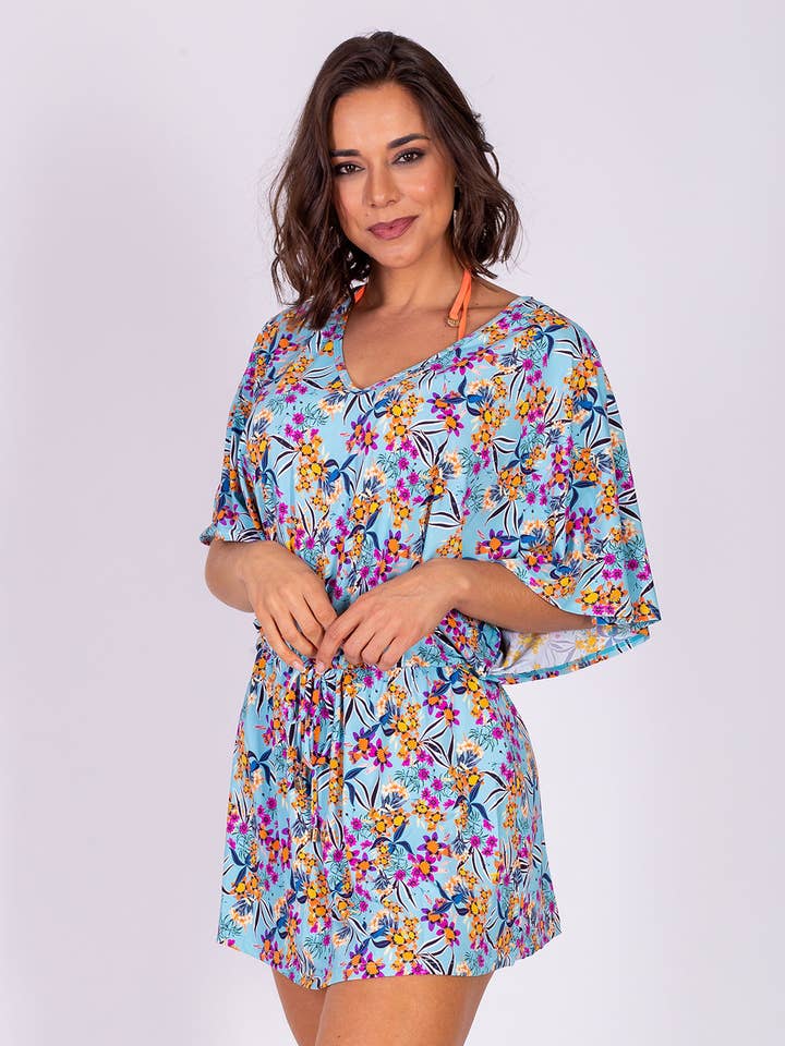 Caftano da spiaggia AB Beachwear Bio Copacabana con stampa floreale blu per la vendita all'ingrosso da parte di AB Beachwear