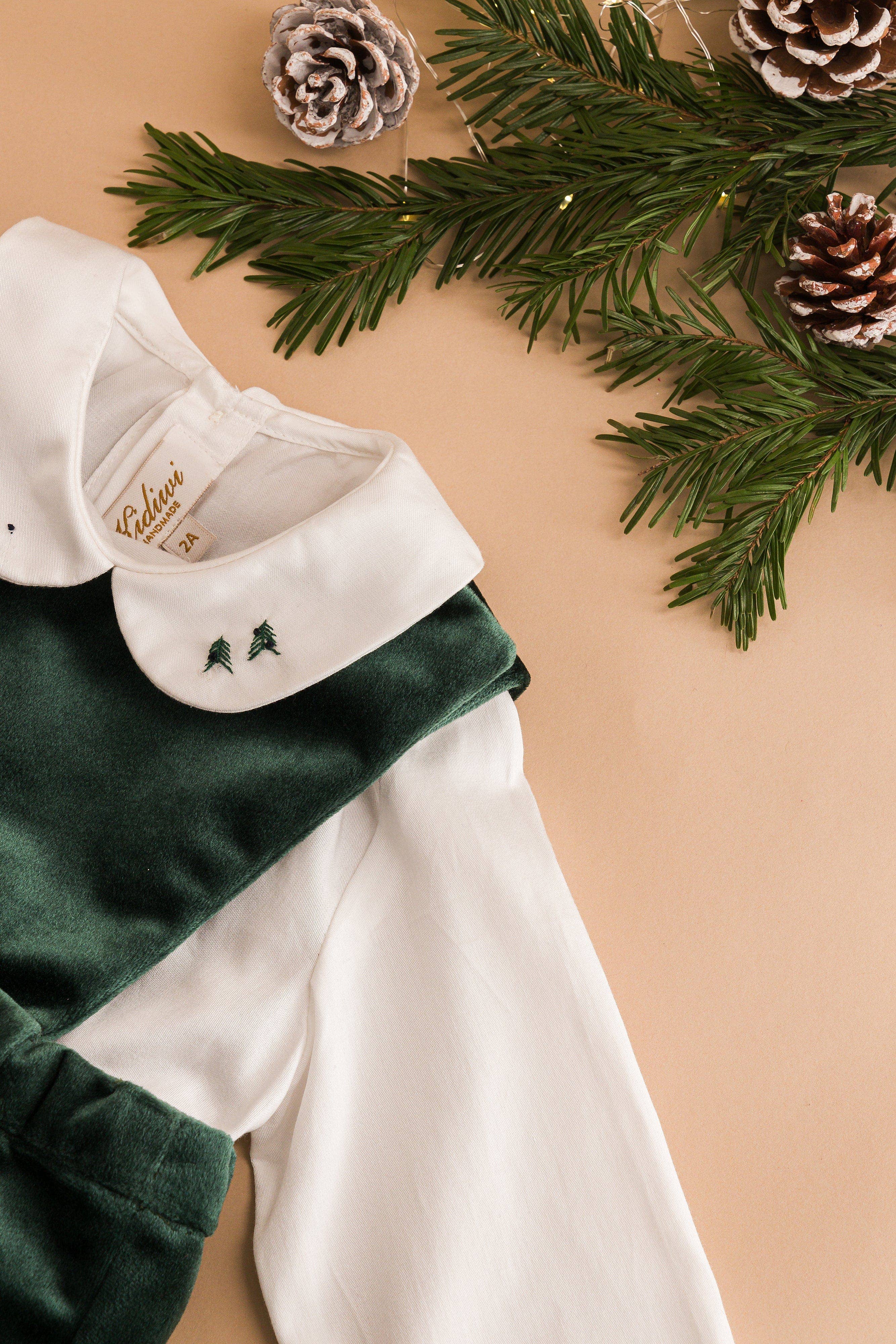 Kidiwi handmade - Wholesale T-Shirt - Kids - Harry, white organic twill blouse with green tree embroidery1