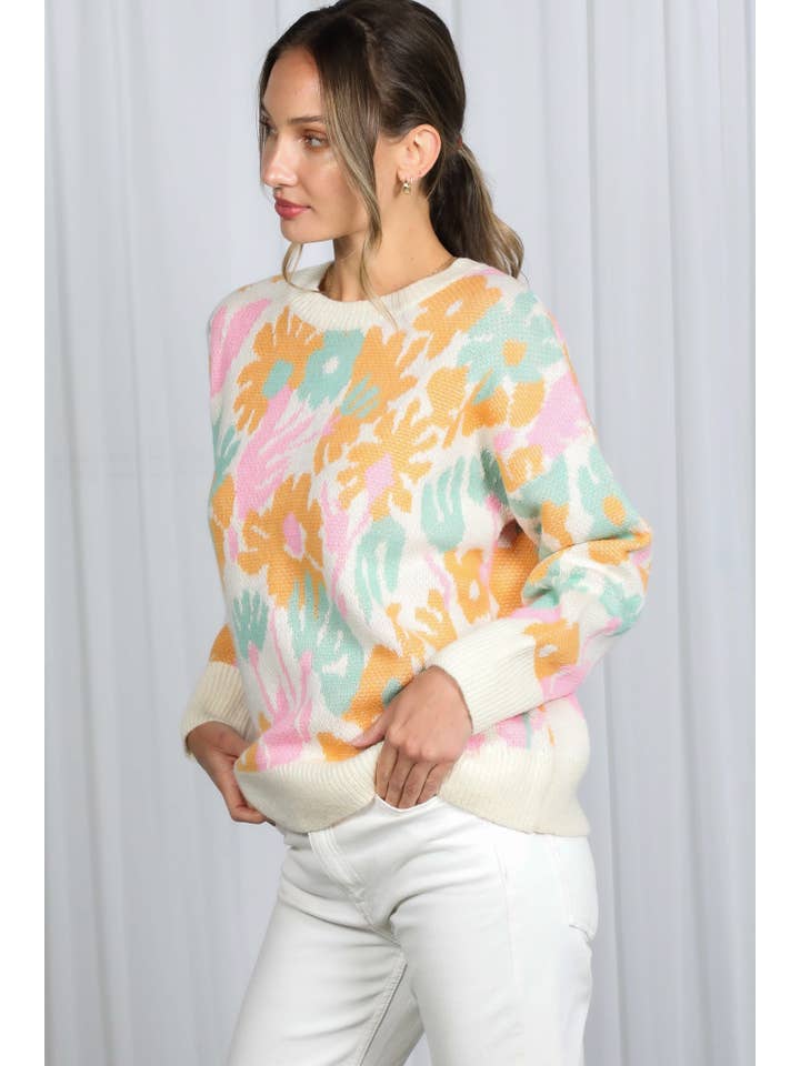 Cream Multi Floral Jacquard Knitted Sweater Top VT82628 for wholesale on Faire14