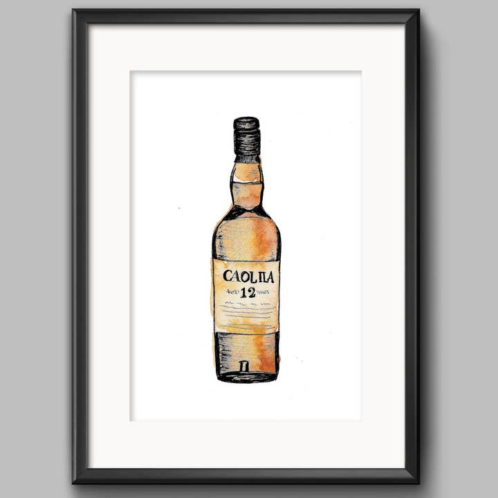 Caol Ila Whisky Bottle Print for wholesale by Sarah Leask Studio