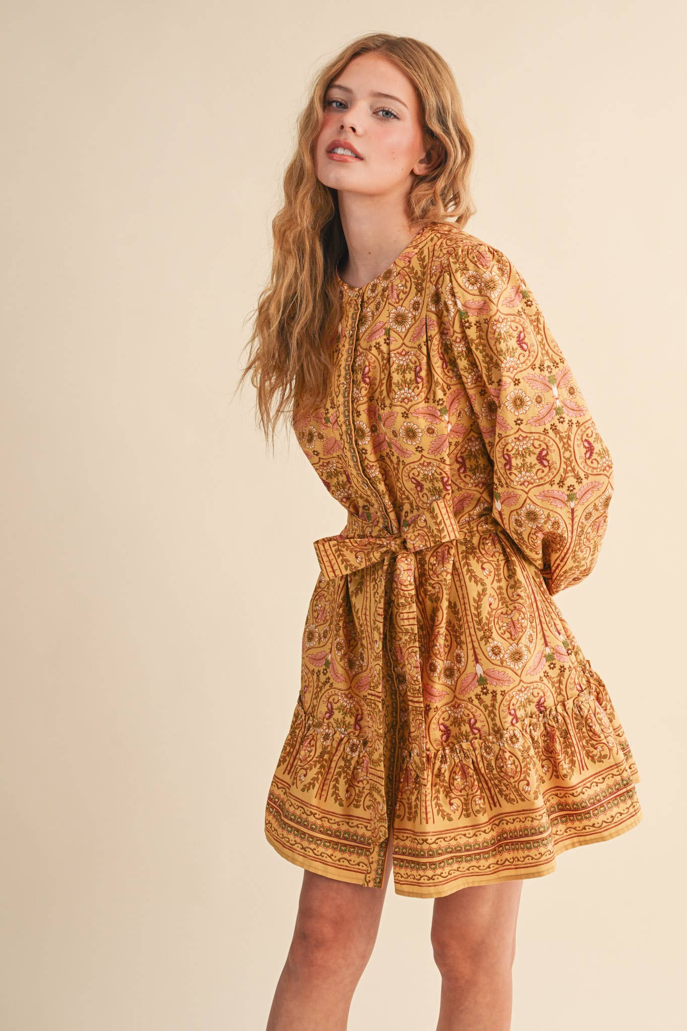 &MERCI - Wholesale Dress - Women's - EXCLUSIVE FLORAL PRINT BUTTON DOWN BELTED MINI DRESS MDR452116