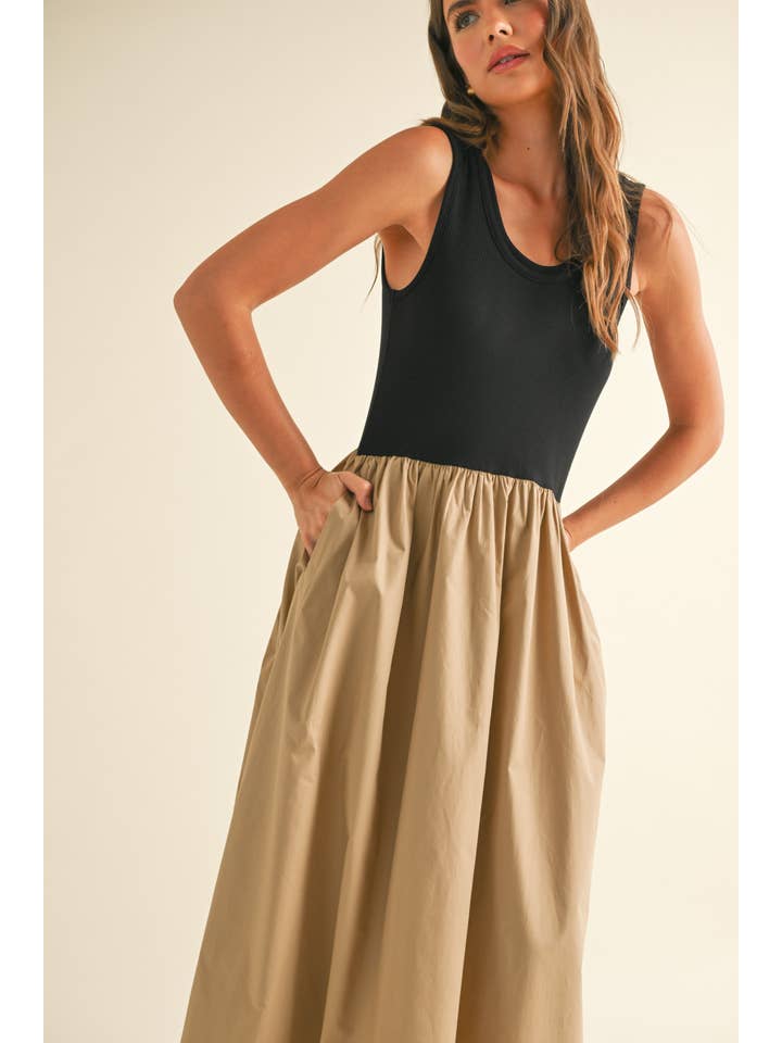 MIOU MUSE - Wholesale Dress - Women's - D4455 RIBBED TOP WOVEN SKIRT COMBO DRESS