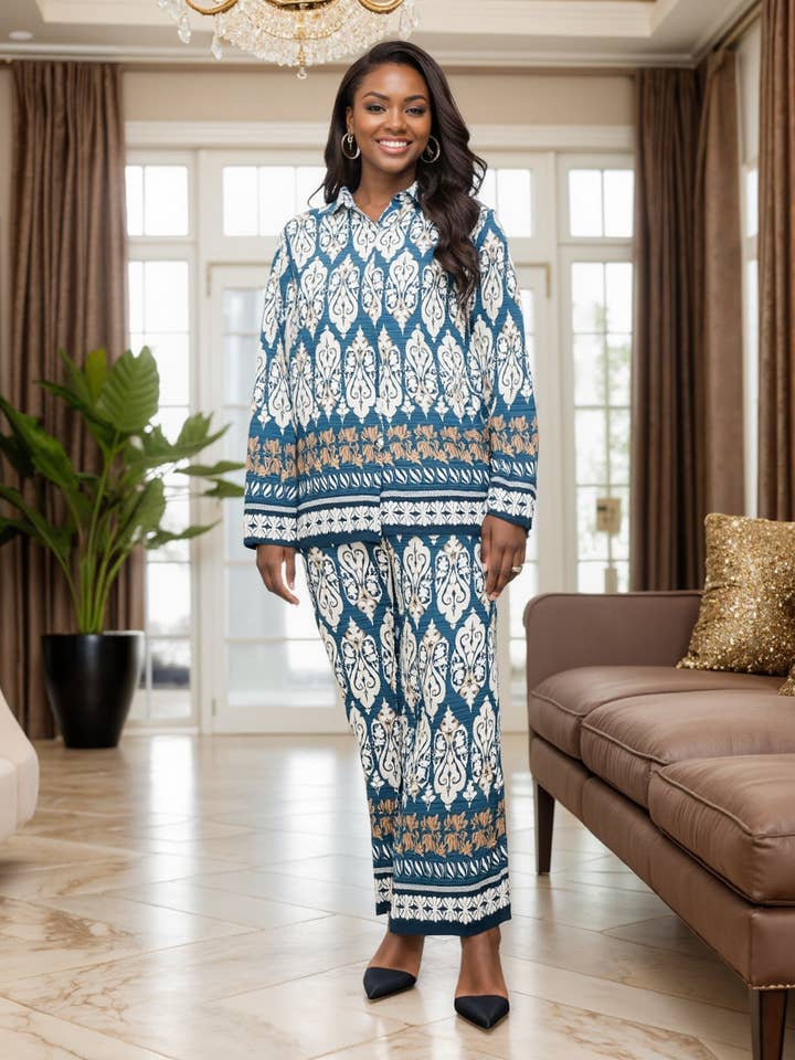 25053 - 2-Pcs Button Down Collared Top & Pant Set for wholesale by KaraChic